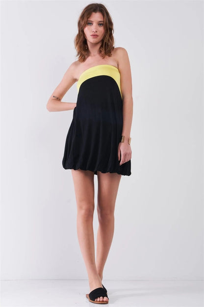 Black & Lemon Color Block Sleeveless Gathered Bottom Detail Relaxed Mini Dress-To-Skirt Convertible /1-3-1