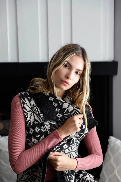 Black & Grey Sleeveless Inside-Out Cable Knit Lapeled Neckline Open Front Oversized Vest Cardigan /2-2-2