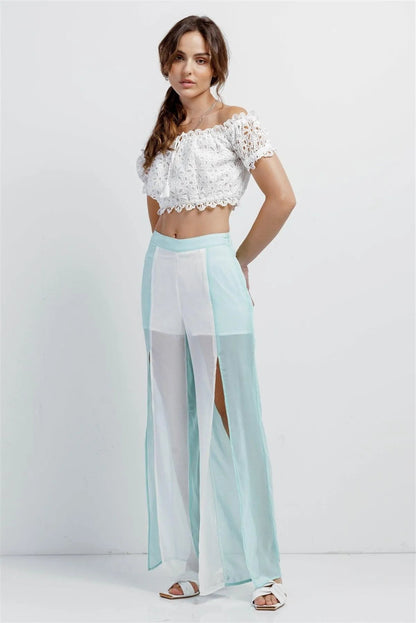 Aqua & White Color Block Semi-Sheer Chiffon High Waist Front Slit Detail Wide Leg Pants /1-2-2-1