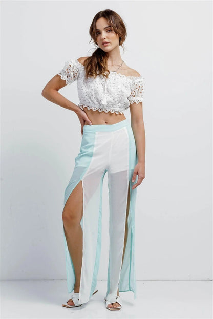 Aqua & White Color Block Semi-Sheer Chiffon High Waist Front Slit Detail Wide Leg Pants /1-2-2-1