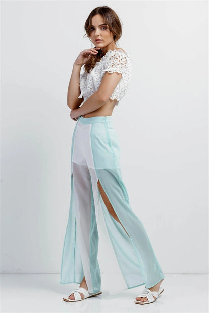 Aqua & White Color Block Semi-Sheer Chiffon High Waist Front Slit Detail Wide Leg Pants /1-2-2-1