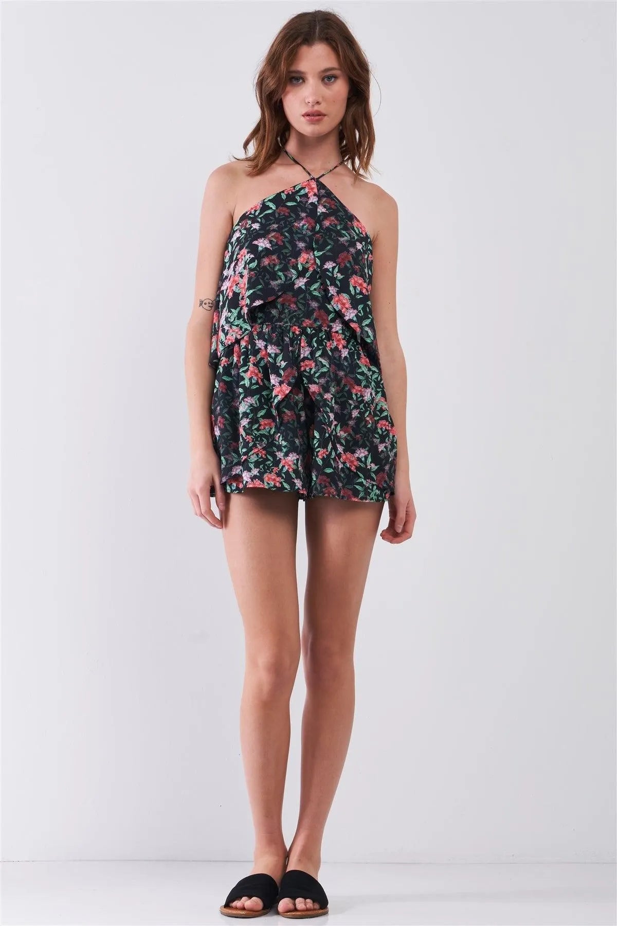 Black Floral Sleeveless Layered Halter Neck Racer Back Strap Detail Romper /1-2-2-1