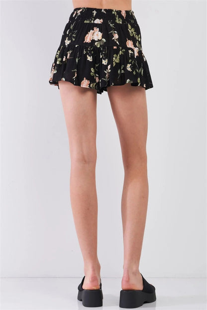 Black & Multi Floral Print High-Waisted Smock Wide Leg Shorts /1-2-2-1