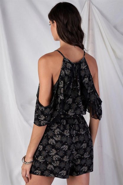 Black Gold And White Paisley Print V-Neck Off-The-Shoulder Wing Mini Sleeve Romper
