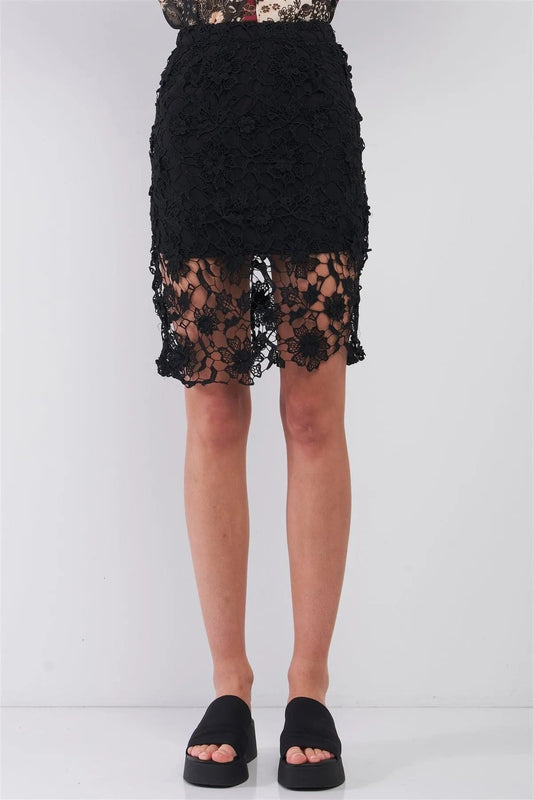Black Floral Crochet High Waist Pencil Skirt /1-1-2