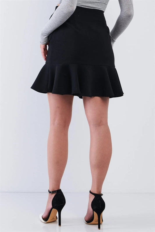Black High Waist Tight Fit Twist Knot Detail Ruffle Hem Mini Skirt /1-1-3-1