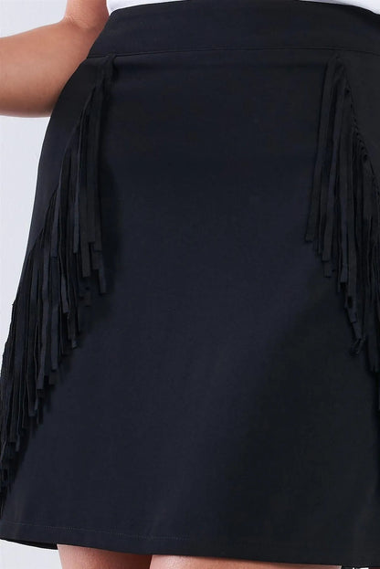 Black High Waist Suede Fringe Hem Accent Mini Skirt