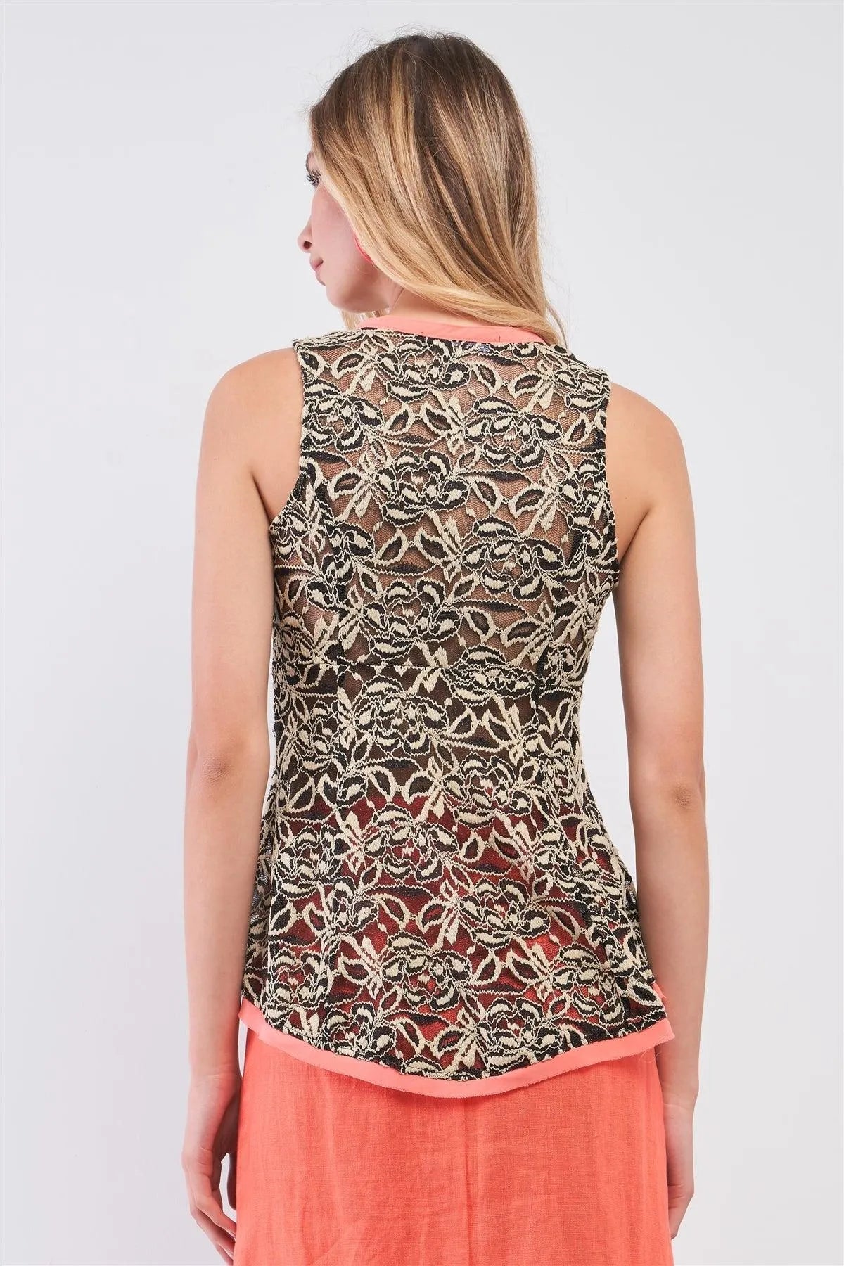 Black & Gold Lace Mesh Crocheted Embroidery Sleeveless Buttoned Top /1-2-2-1