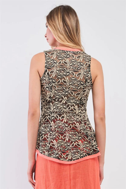 Black & Gold Lace Mesh Crocheted Embroidery Sleeveless Buttoned Top /1-2-2-1