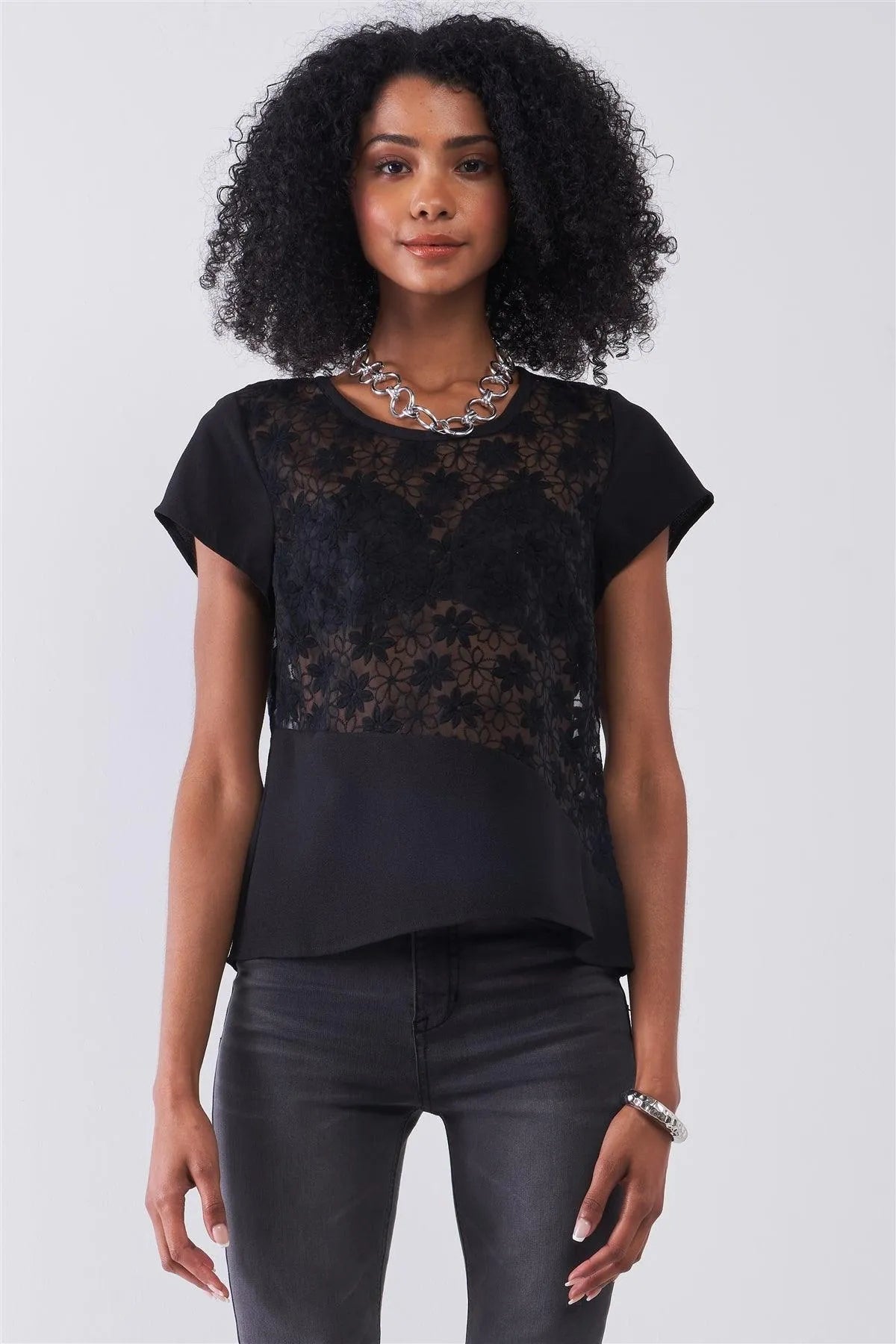 Black Floral Embroidery Round Neck Short Sleeve Sheer Regular Fit Top