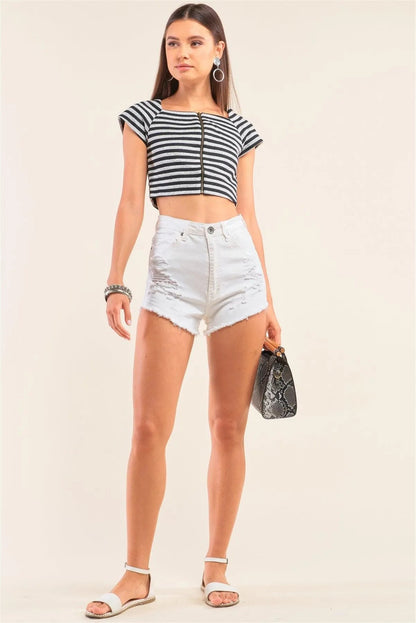 Black And Grey Striped Square Neck Mini Sleeve Cropped Top /1-2-2-1