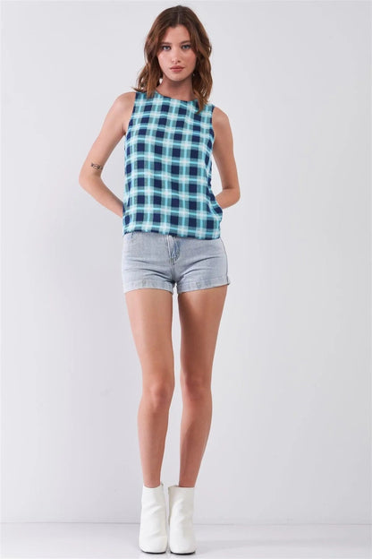 Aqua Blue Glen Check Pattern Print Sleeveless Round Neck Back-Side Vest Top /1-2-2-1