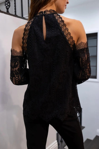 Black Floral Embroidered Lace Trim Collared Off-The-Shoulder Top /1-2-2-1