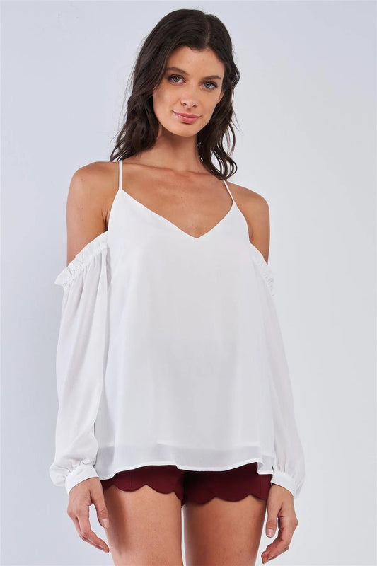Ariana White Relaxed Fit V-Neck Off-The-Shoulder Long Sleeve Ruffle Hem Razor Back Top /1-1-3-1