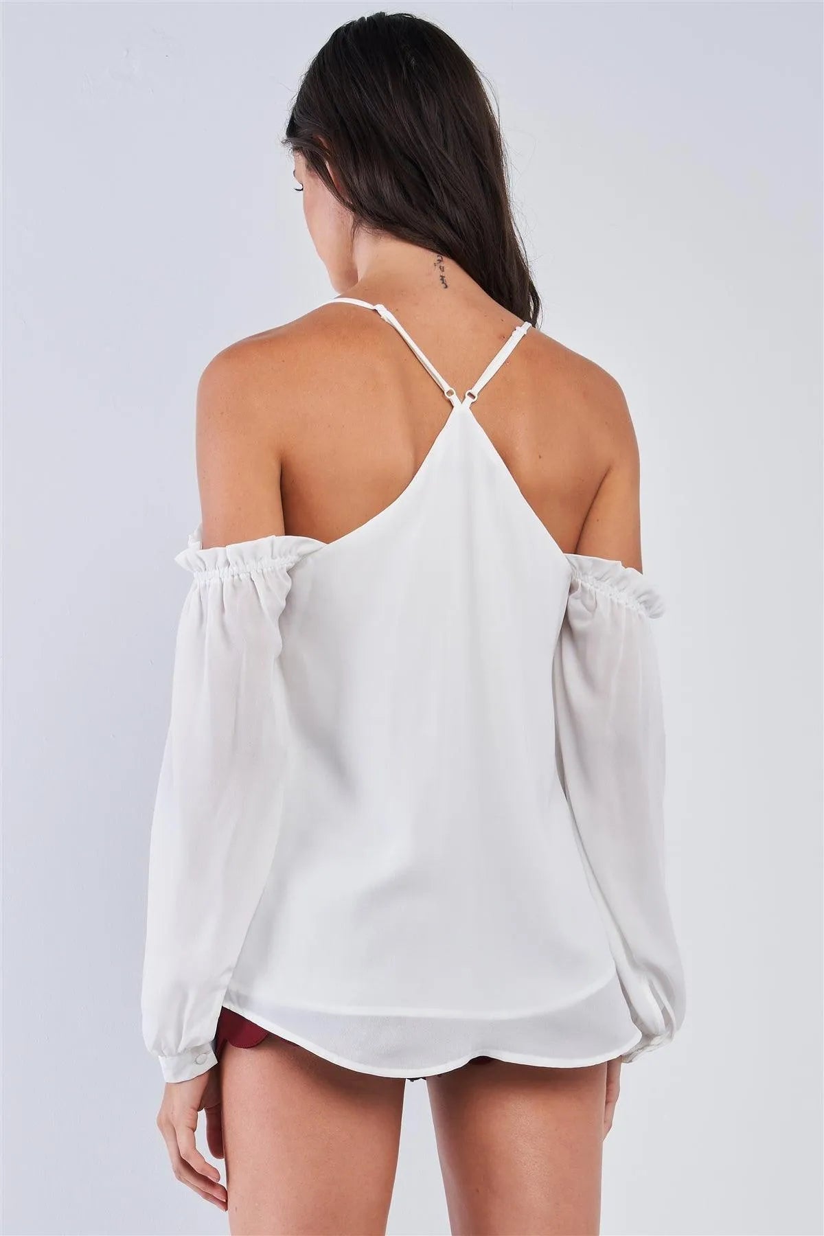Ariana White Relaxed Fit V-Neck Off-The-Shoulder Long Sleeve Ruffle Hem Razor Back Top /1-1-3-1