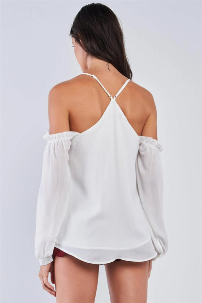 Ariana White Relaxed Fit V-Neck Off-The-Shoulder Long Sleeve Ruffle Hem Razor Back Top /1-1-3-1