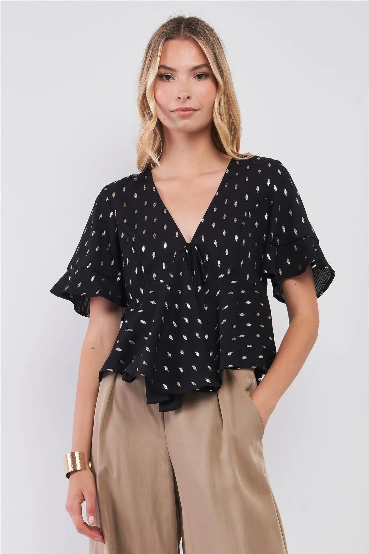 Black & Gold Brush Strokes Print V-Neck Short Angel Sleeve Tie Front Detail Top /1-2-2-1