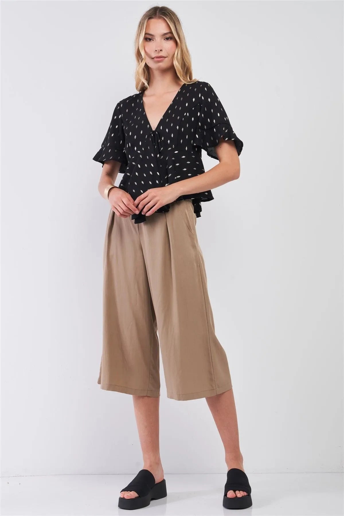 Black & Gold Brush Strokes Print V-Neck Short Angel Sleeve Tie Front Detail Top /1-2-2-1