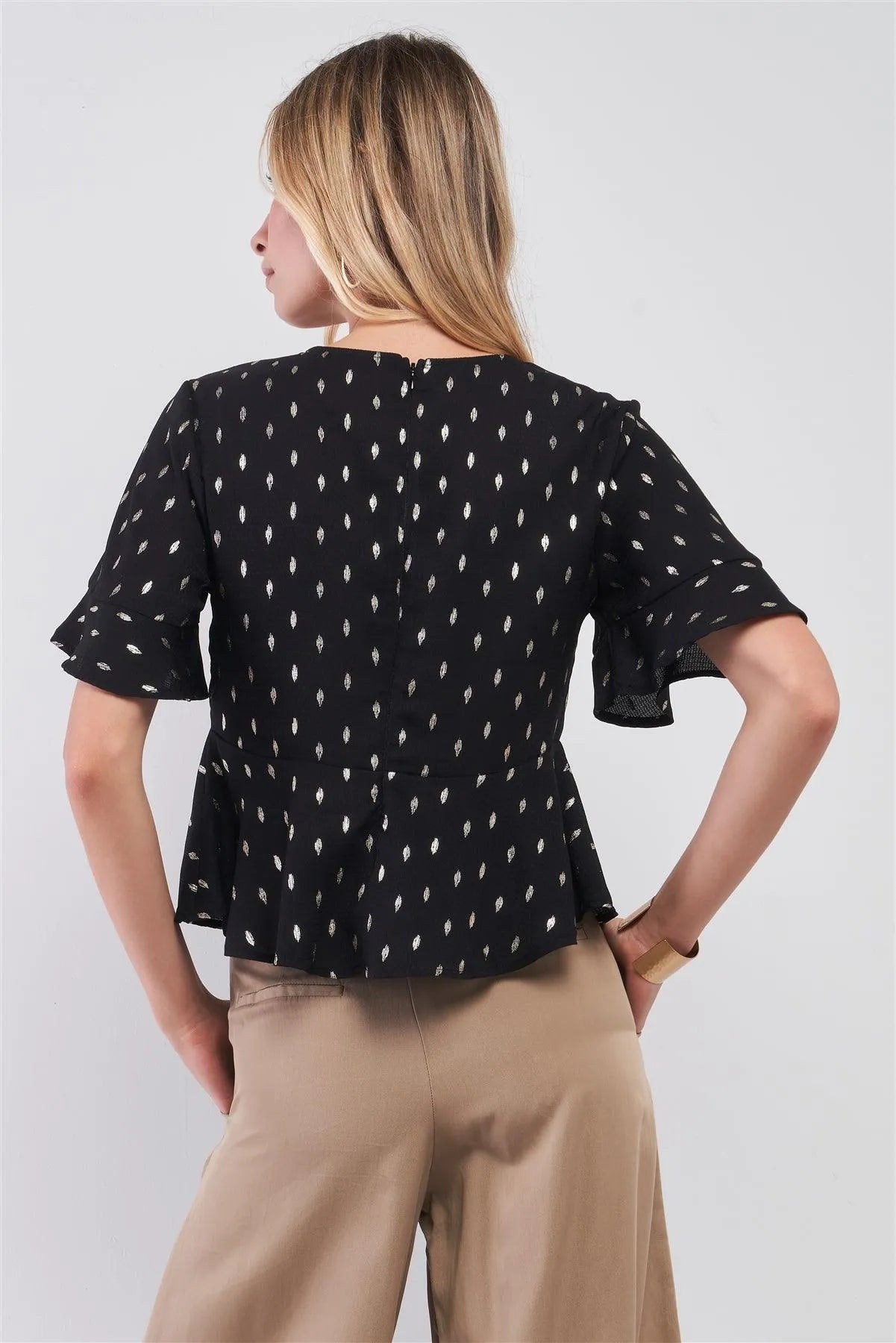 Black & Gold Brush Strokes Print V-Neck Short Angel Sleeve Tie Front Detail Top