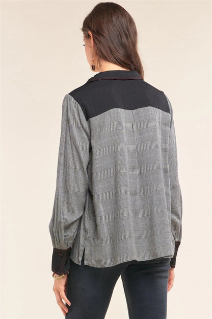 Black Checkered Pleated Shoulder Satin Cut-Ins Red Stitching Detail Long Sleeve V-Neck Relaxed Fit Blouse /1-2-2-1