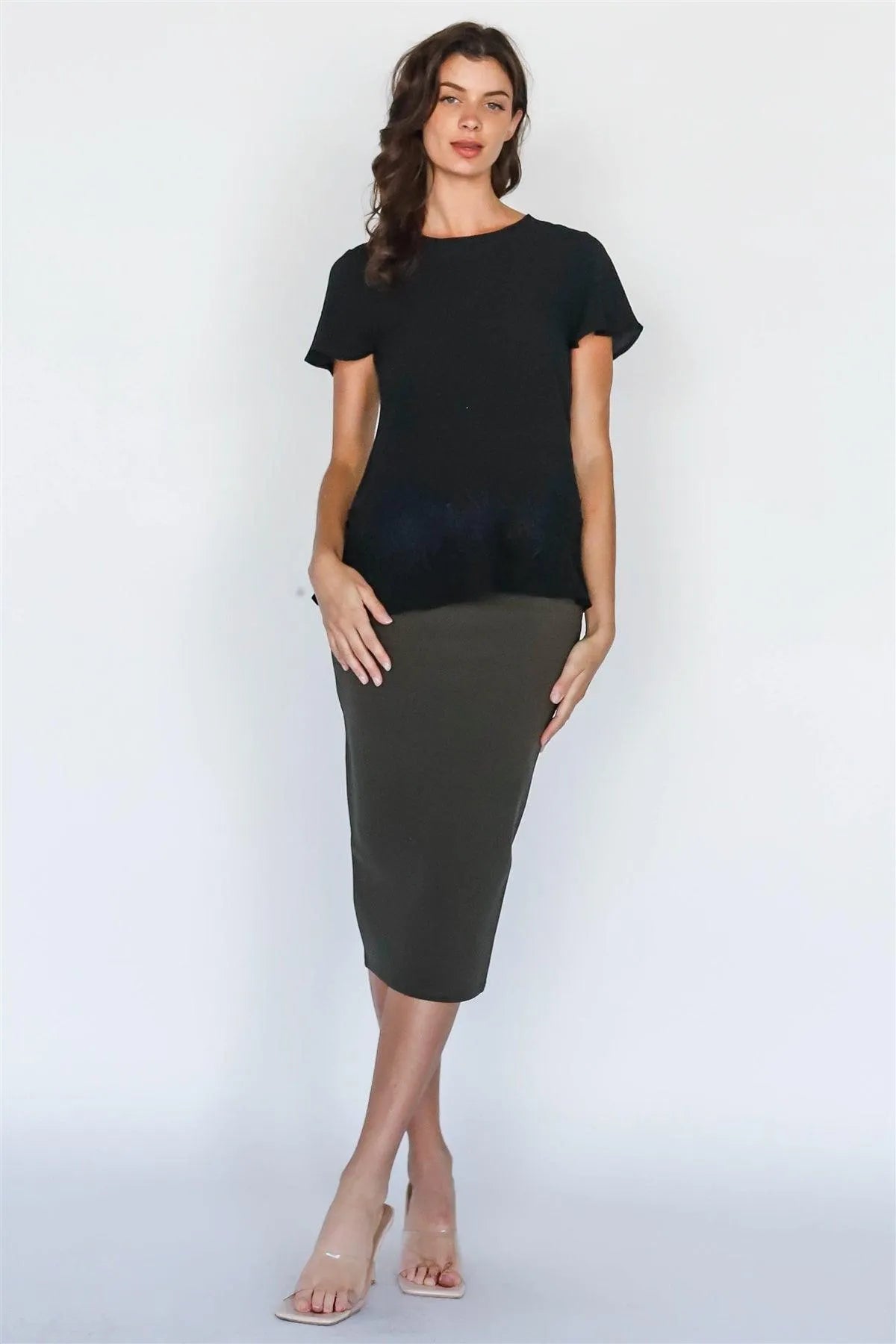 Black Floral Embroidery Hem Detail Short Sleeve Top /1-1-2