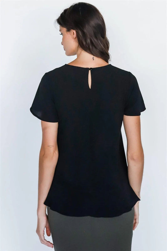 Black Floral Embroidery Hem Detail Short Sleeve Top /1-1-2