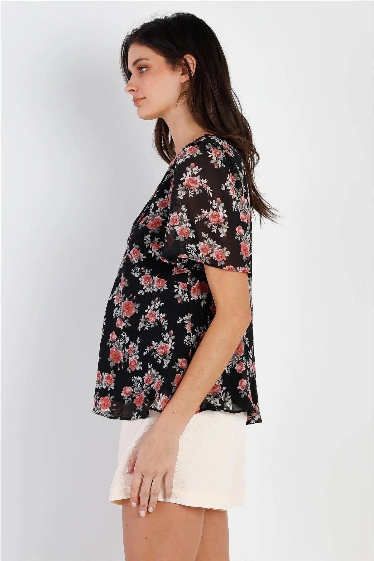 Black Floral Print Flare Hem Top /3-3