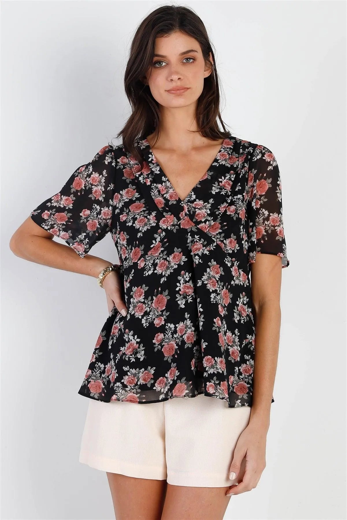 Black Floral Print Flare Hem Top /3-3