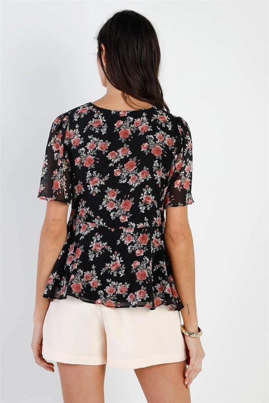 Black Floral Print Flare Hem Top /2-3-2