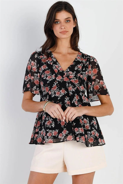 Black Floral Print Flare Hem Top /2-3-2
