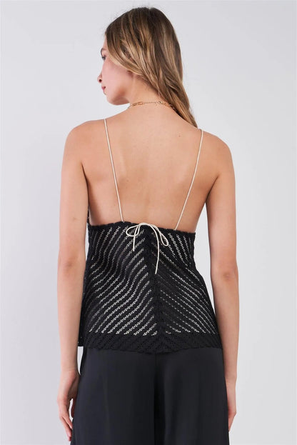 Black & White Sleeveless Striped Crocheted Sweetheart Neckline Self-Tie Spaghetti Straps Fit & Flare Top /1-2-2-1