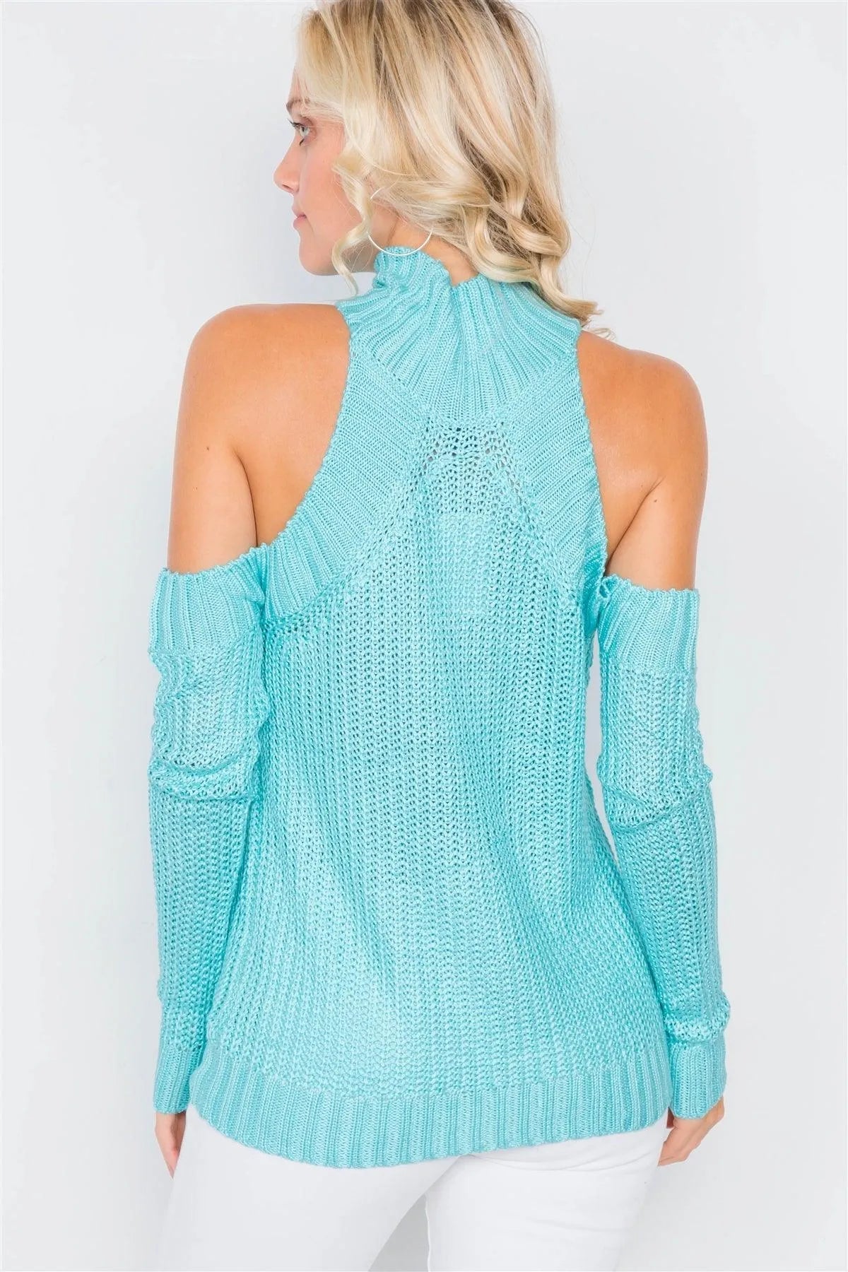 Aqua Cold Shoulder Knit Turtleneck Sweater /3-2-1