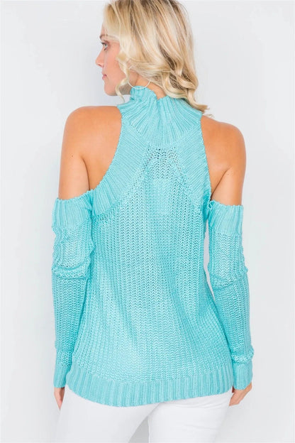Aqua Cold Shoulder Knit Turtleneck Sweater /3-2-1