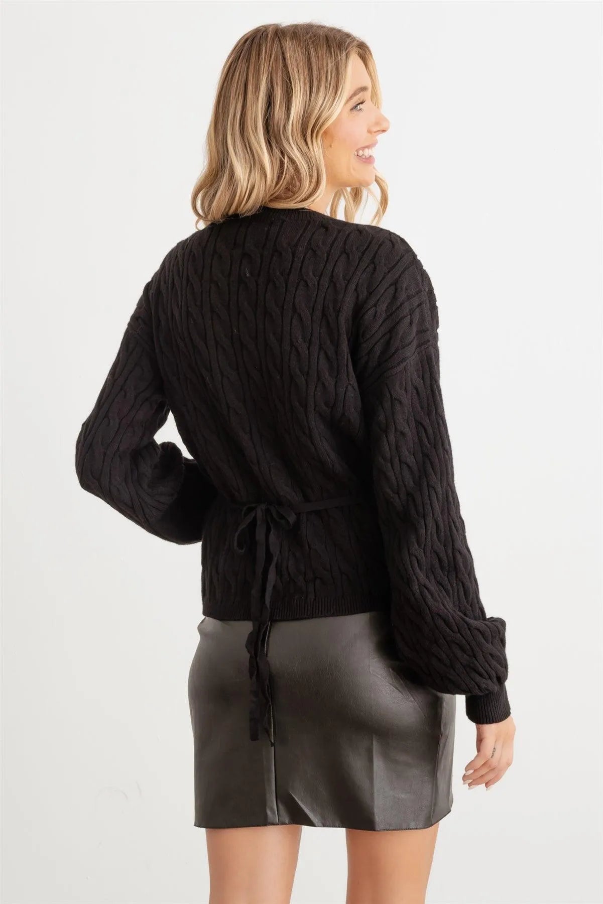 Black Cable Knit Wrap Tie Long Sleeve Sweater Cardigan /2-2-2
