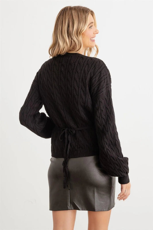 Black Cable Knit Wrap Tie Long Sleeve Sweater Cardigan /2-2-2