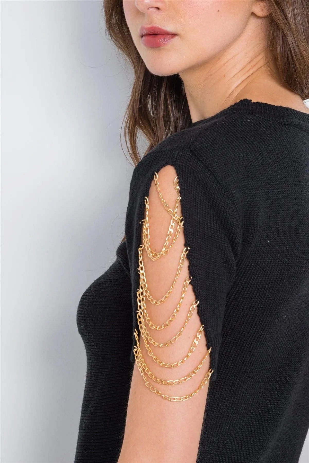 Black Chain Sleeves Cut Out Knit Top /4-2