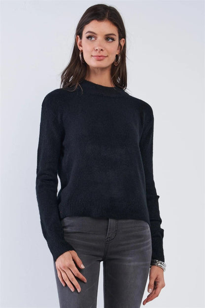 Black Cozy Cashmere Open Back Angel Wing Cut Long Sleeve Soft Sweater /4-2