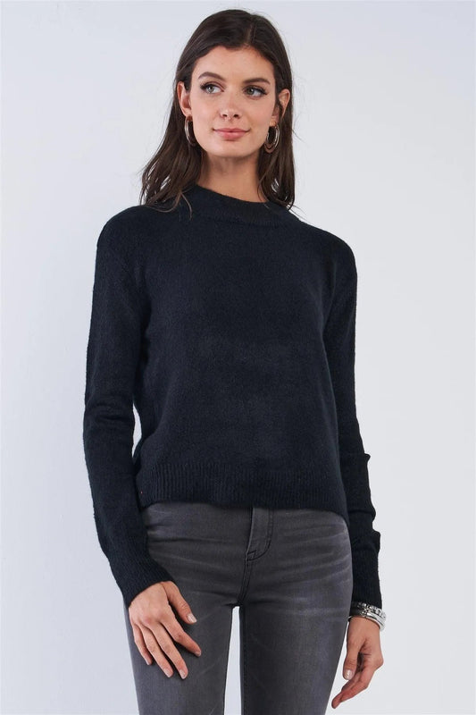 Black Cozy Cashmere Open Back Angel Wing Cut Long Sleeve Soft Sweater /4-2