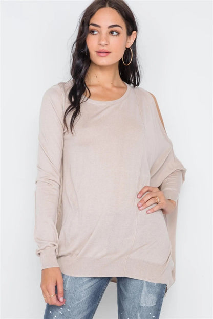 Almond Asymmetrical Hem Seamed Sweater /3-2