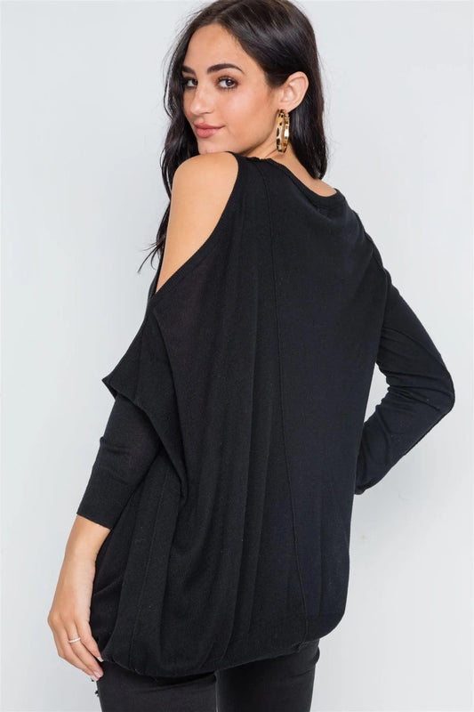 Black Asymmetrical Hem Seamed Sweater