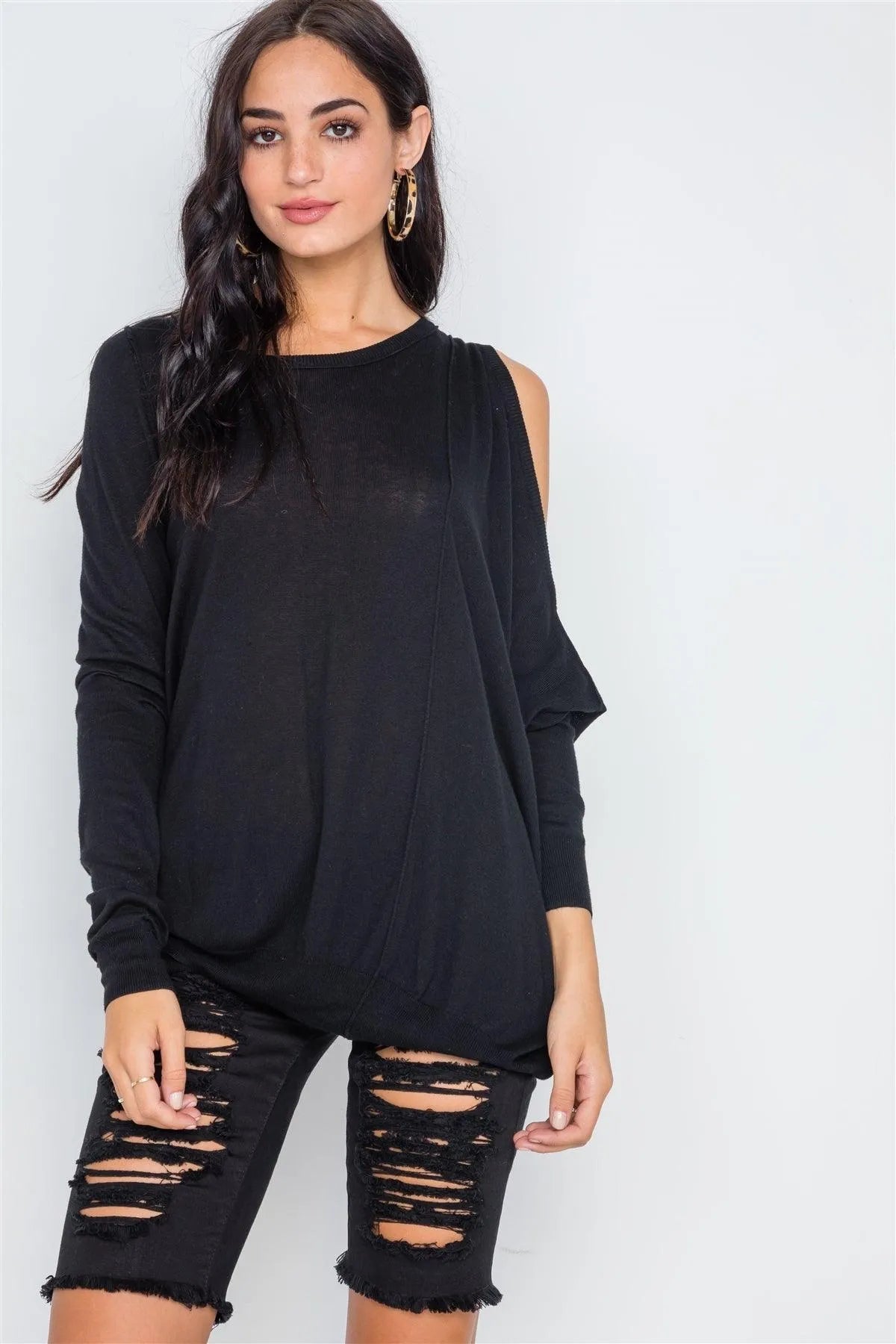 Black Asymmetrical Hem Seamed Sweater