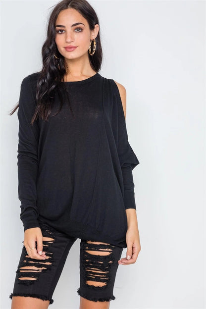 Black Asymmetrical Hem Seamed Sweater