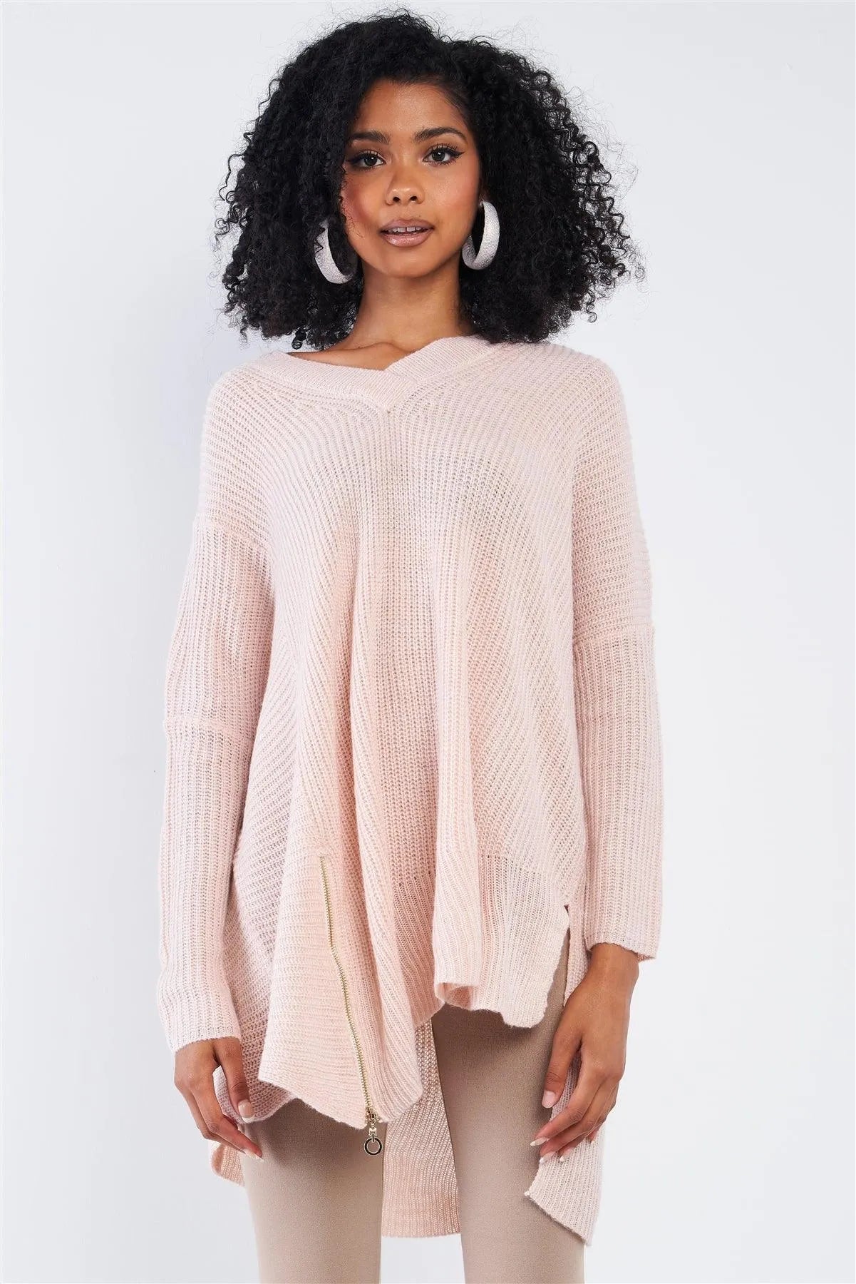 Baby Soft Pink V-Neck Asymmetrical Oversized Long Sleeve Gold Zipper /4-2