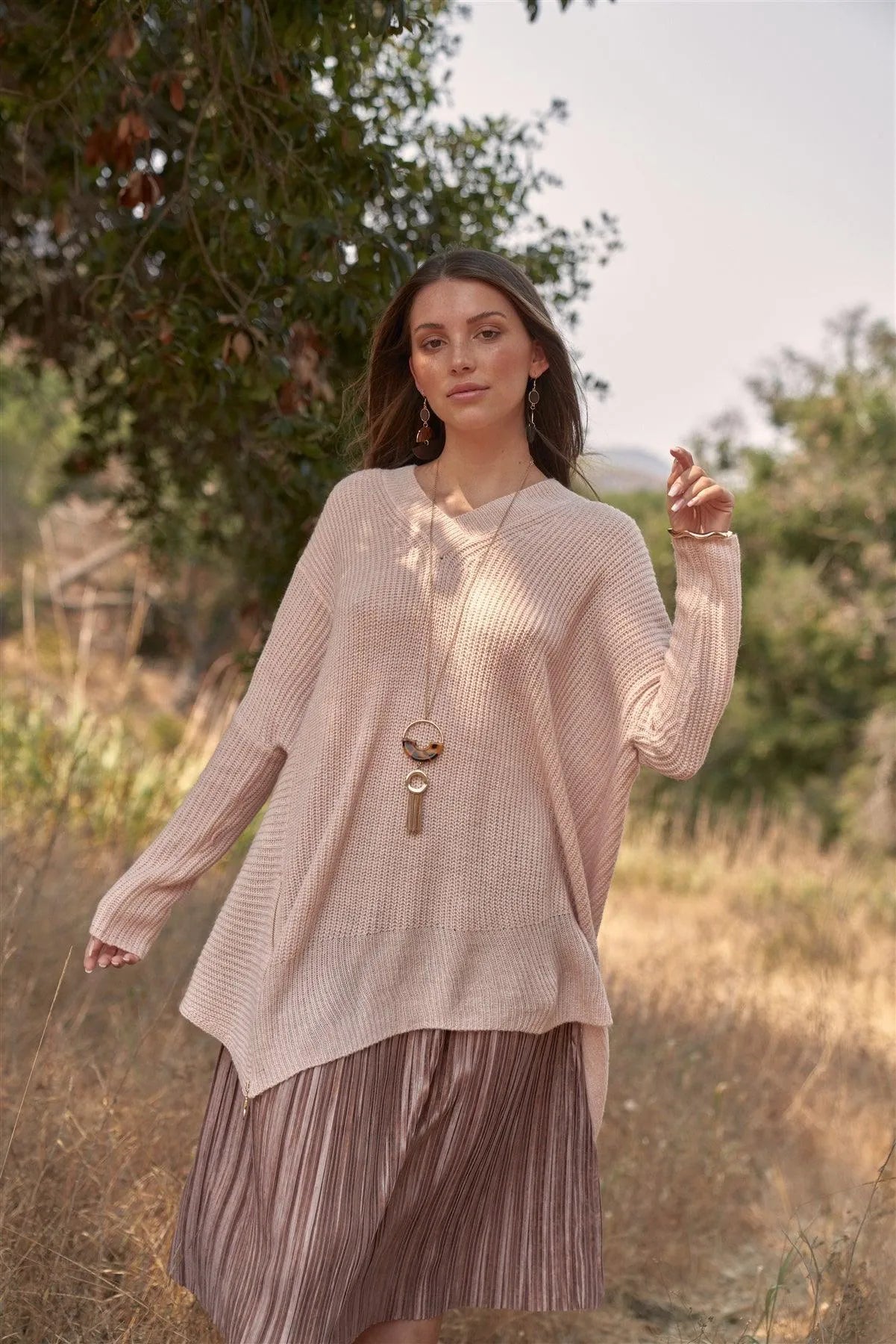 Baby Soft Pink V-Neck Asymmetrical Oversized Long Sleeve Gold Zipper /4-2