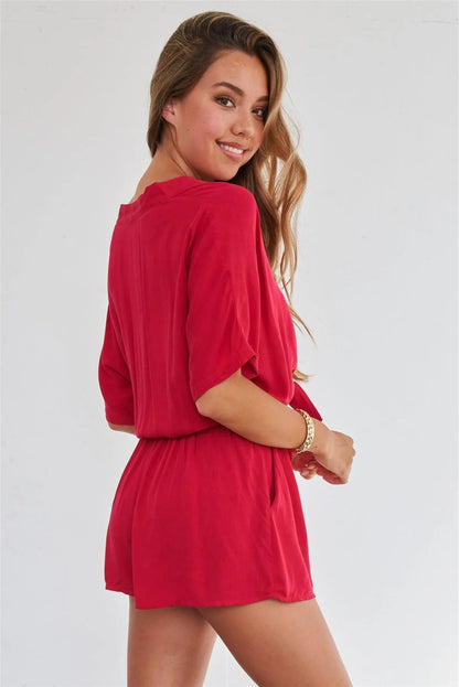 Berry Red Relaxed Fit Front Tie Side Pockets Short Sleeve Romper