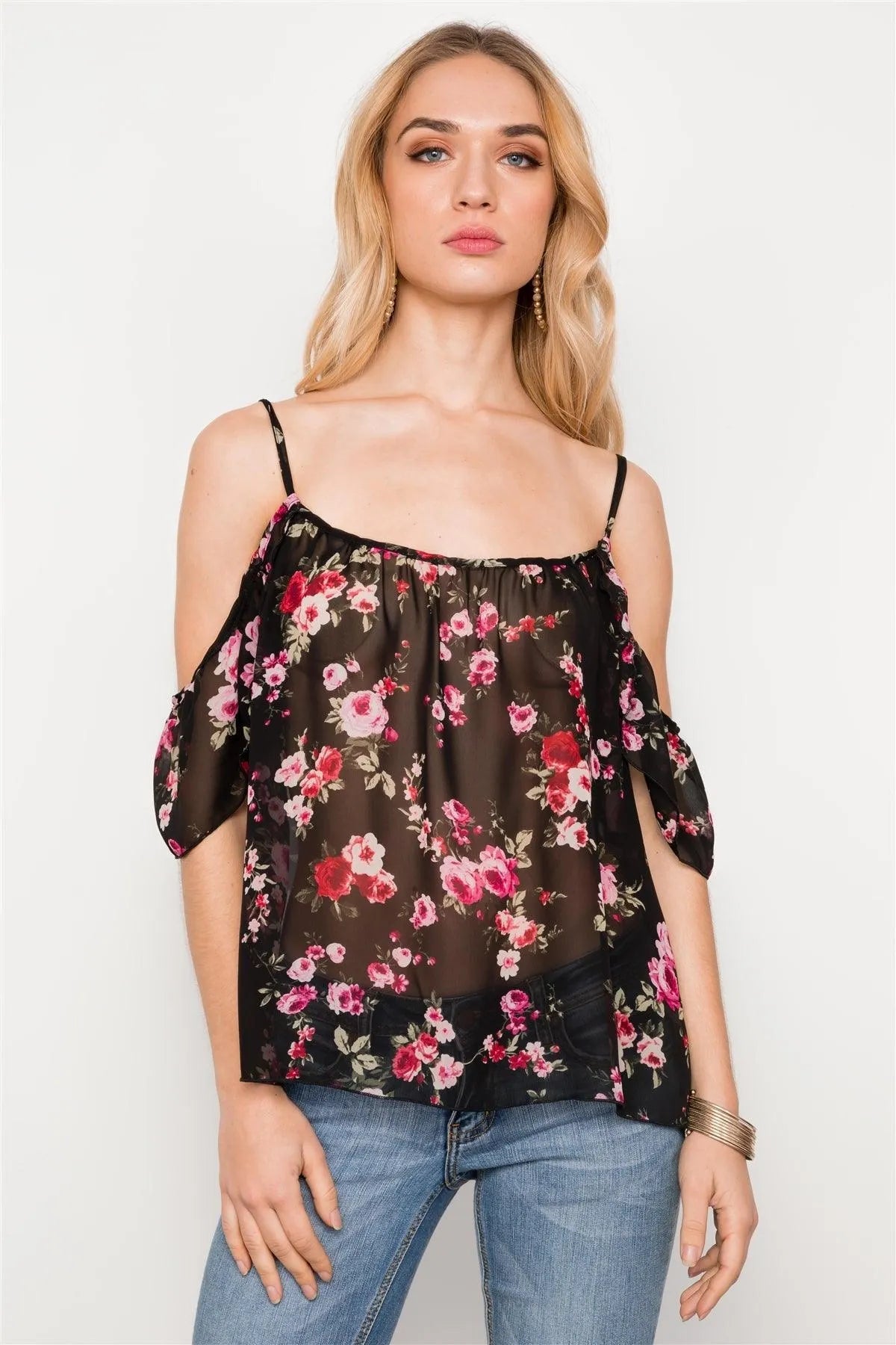 Black Floral Print Sheer Chiffon Cami Boho Top /2-2-2