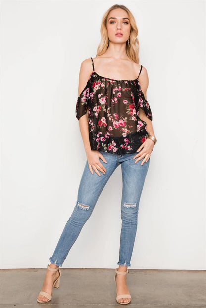 Black Floral Print Sheer Chiffon Cami Boho Top /2-2-2