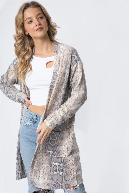 Animal Print Flannel Front Pocket Long Cardigan
