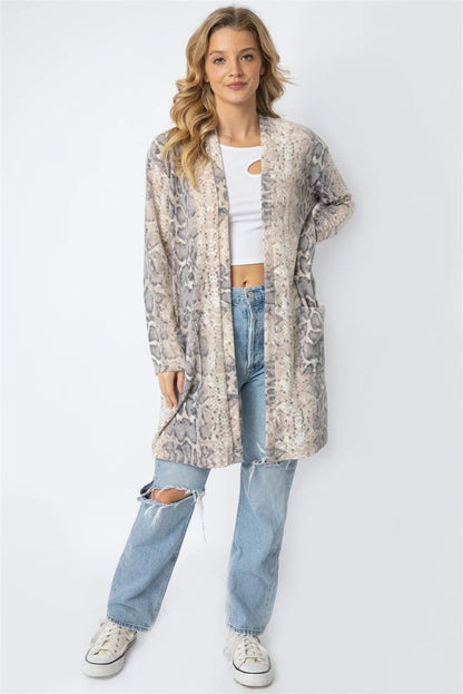 Animal Print Flannel Front Pocket Long Cardigan