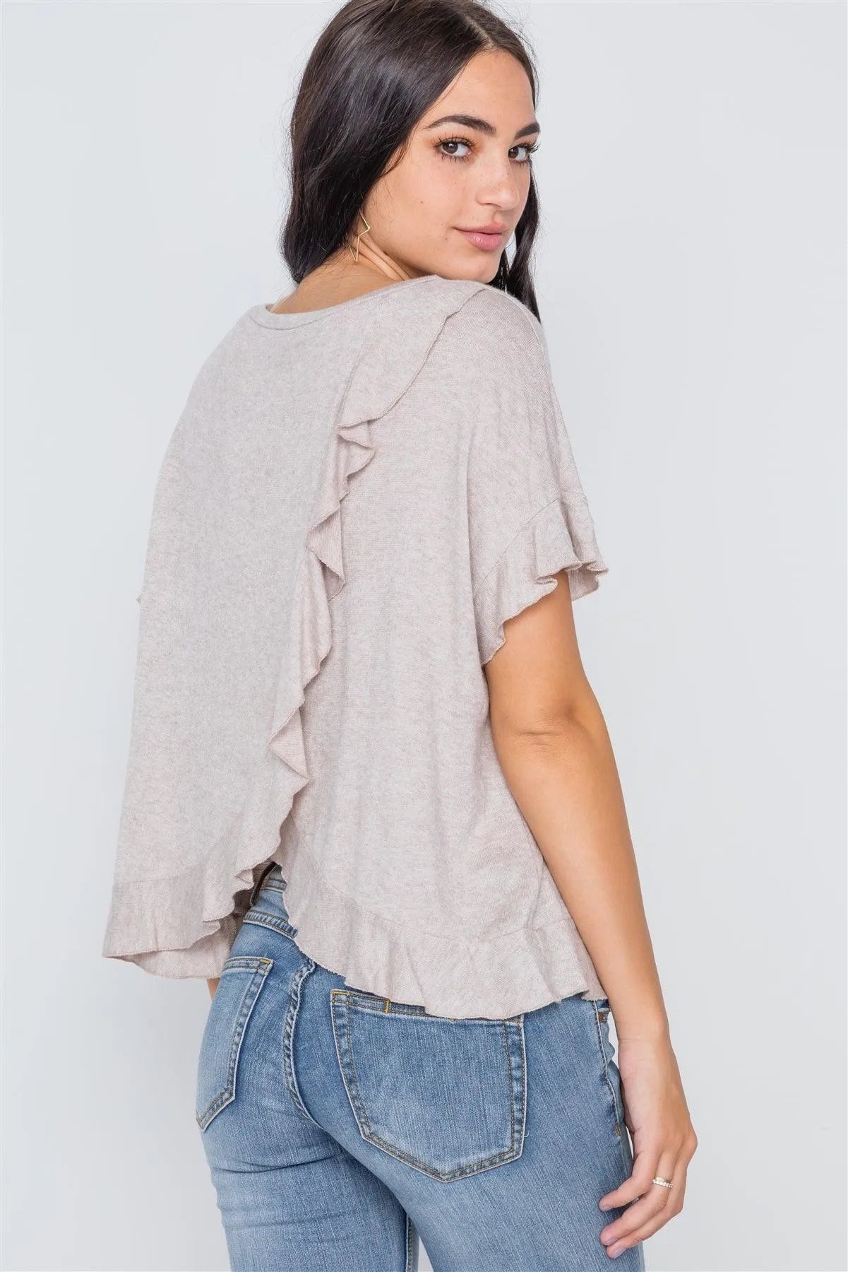 Beige Short Sleeve Surplice Back Ruffle Knit Top /3-3
